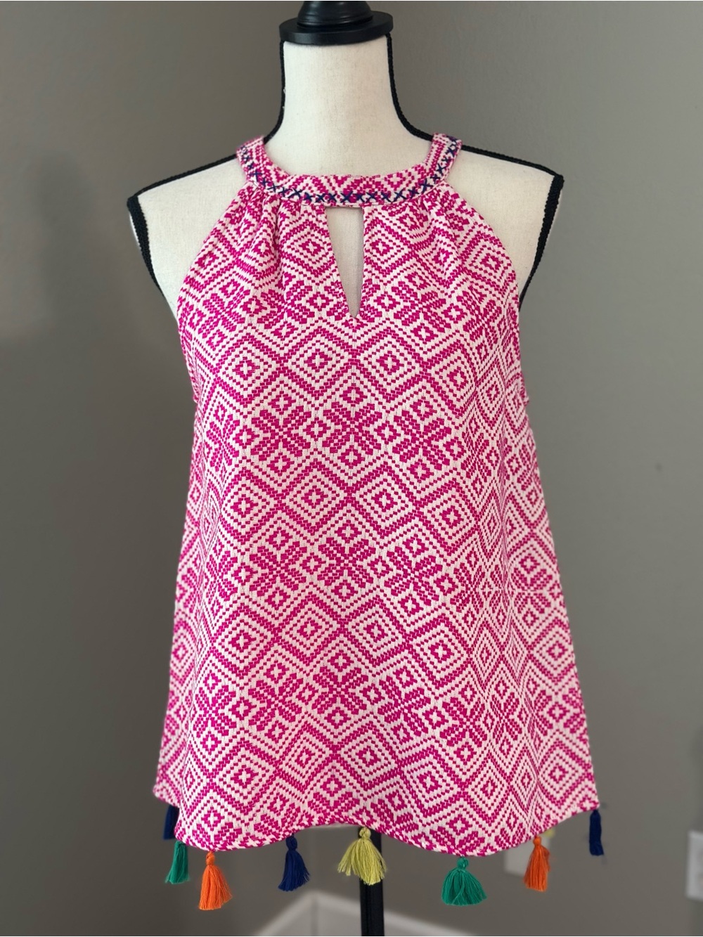 THML Pink and White Geometric Halter Tank with Tassel Trim
